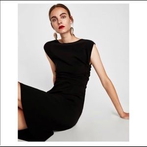 Zara Ruched Shift Drape Black Midi Dress